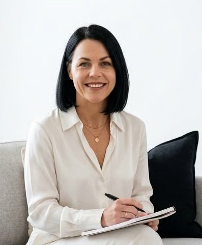 Karolina Kochanska writing on a sofa